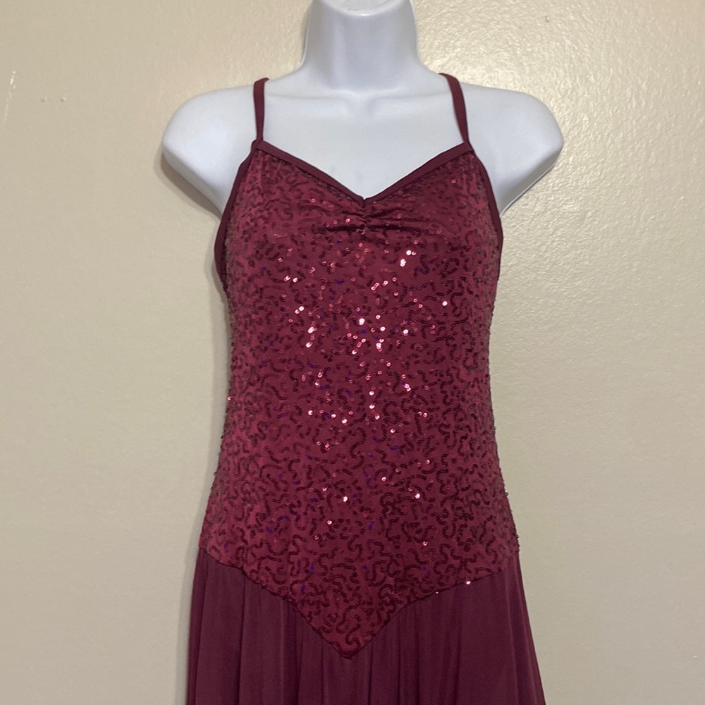 Women's Balera Adult Sequins Dance Asymmetric Mesh Leotard maroon size Large - Picture 2 of 5